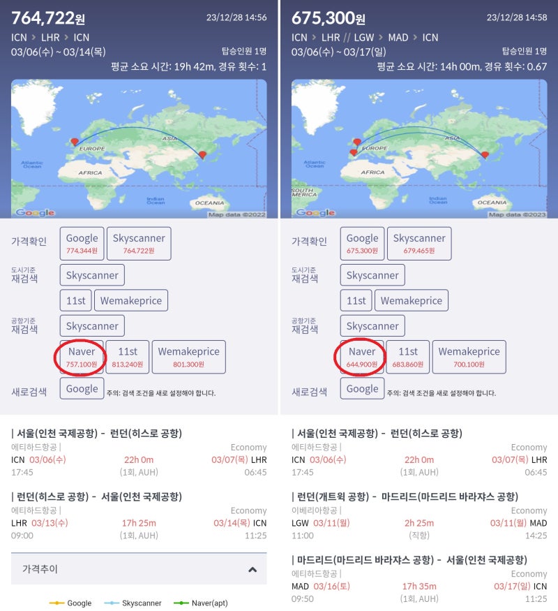 에티하드, 3/6(수) 서울 - 런던, 3/13(수) 런던 - 서울 75만원(에티하드 홈페이지 81만원) vs 3/6(수) 서울 - 런던, 3/11(월) 런던 - 마드리드, 3/16(토) 마드리드 - 서울 64만원(에티하드 홈페이지 68만원)