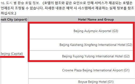 에어차이나 무료 환승 호텔