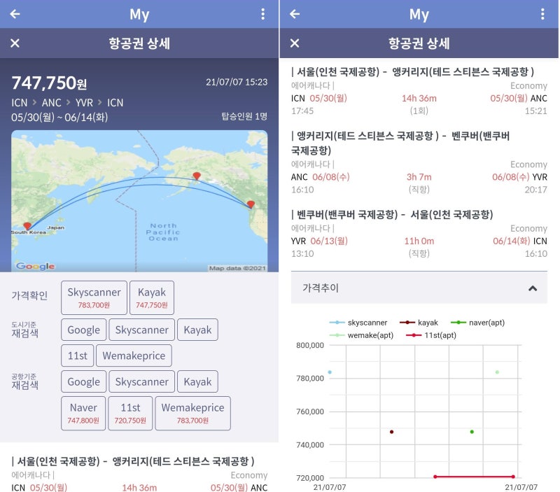 5/30(월) ~ 6/14(화) 서울 - 앵커리지 - 밴쿠버 - 서울 에어캐나다 72만원