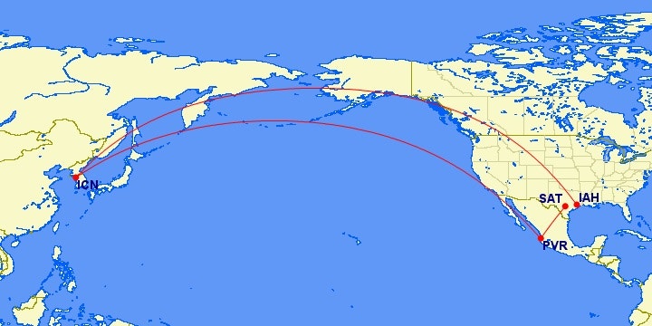 12/26(금) ~ 12/11(토) 서울 - 푸에르토 바야르타 - 샌안토니오 // 휴스턴 - 서울 77만원(아메리칸항공 공홈), 75만원(카드할인 최저가) 항공권의 항공이동 경로