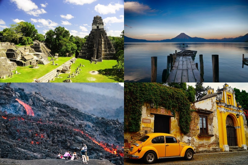 좌측 상단부터 시계방향으로 마야 유적지 티칼, 칼데라 호수 아티틀란, 안티과 풍경, 파카야 산 화산 피크닉
