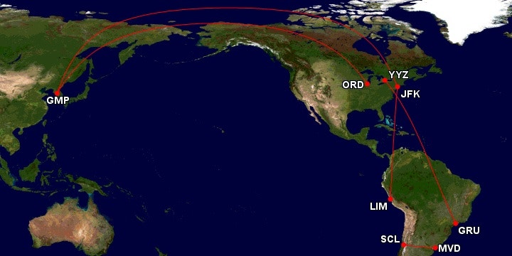 서울 출발, 뉴욕, 리마 인 산티아고 아웃, 몬테비데오 인 상파울루 아웃, 토론토 인 시카고 아웃, 서울 도착 여정 항공권 138만원