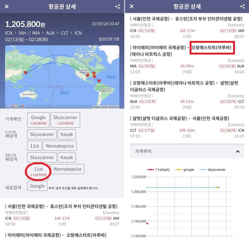 2/13(월) ~ 2/28(화) 서울 - 휴스턴 // 마이애미 - 아루바 - 샬럿 - 서울 115만원