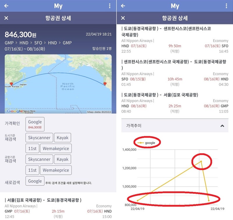 7/16(토) ~ 8/16(화) 서울 - 샌프란시스코 - 서울 항공권 검색 가격 변화 추이 84만원 -> 127만원 -> 84만원
