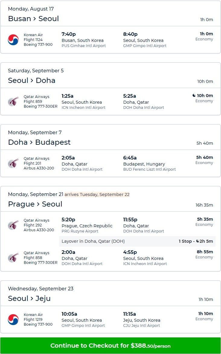 카타르항공 미리 다녀오는 부산-서울, 9/5(토) 출발 서울-도하(1박)-부다페스트//프라하-(서울)-제주 USD388, 46만원