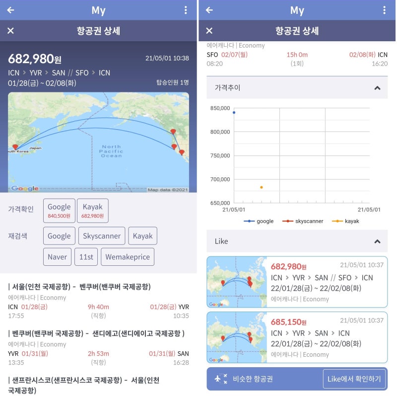 에어캐나다 1/28(금) ~ 2/8(화) 서울-밴쿠버-샌디에고//샌프란시스코-서울 68만 원
