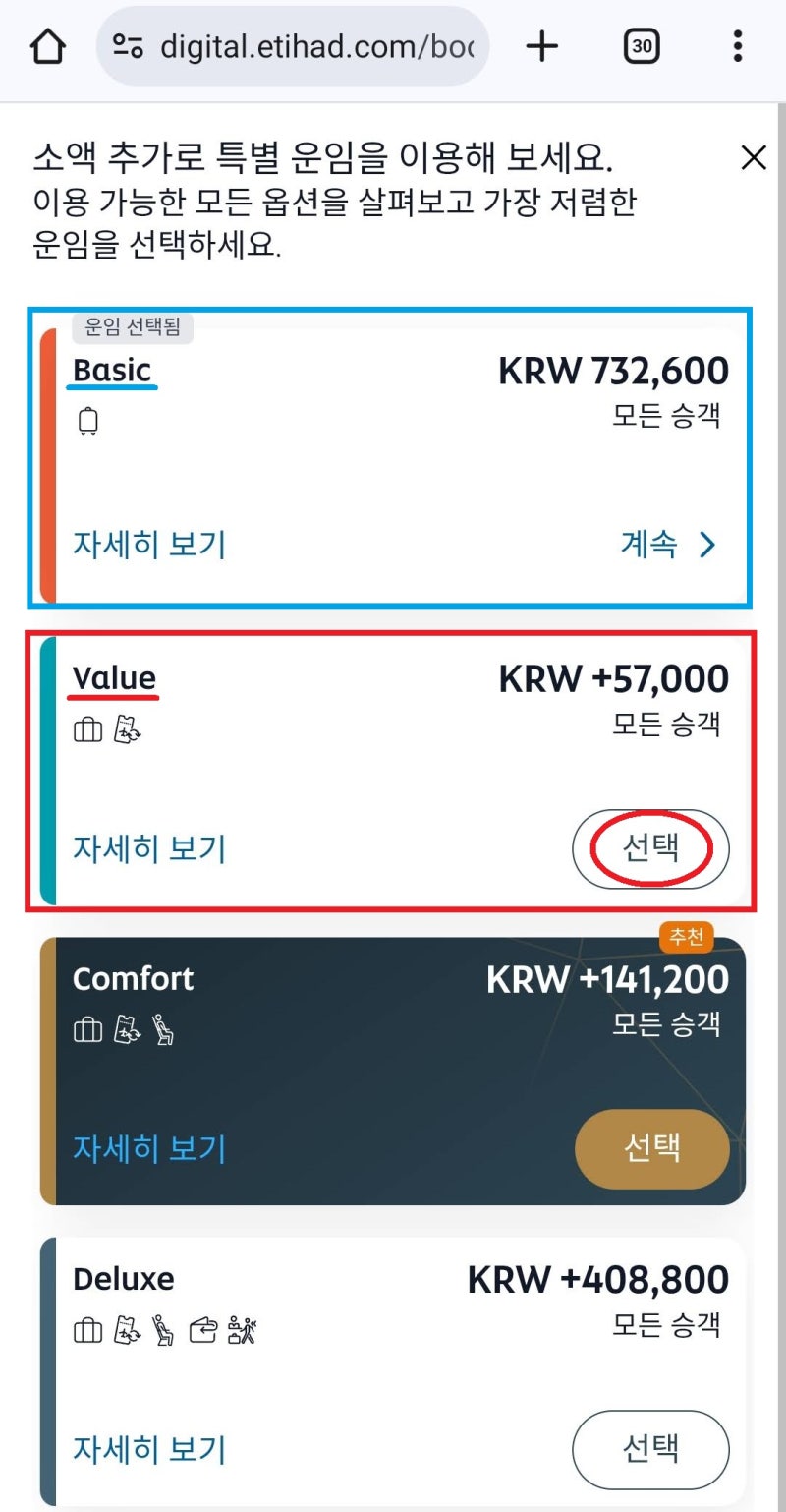 이전 이미지에서 '계속' 버튼을 누르고 간 페이지 - 에티하드 홈페이지