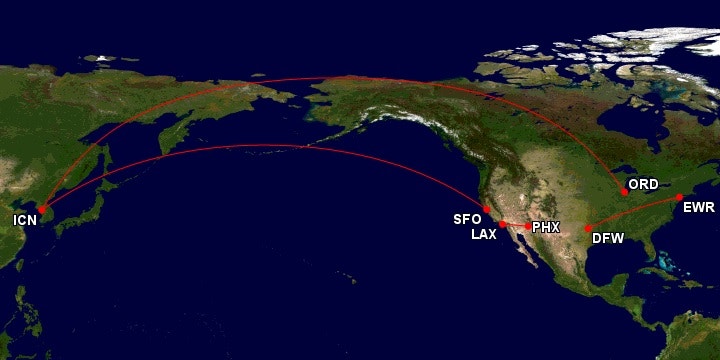 서울 출발 샌프란시스코 인 로스앤젤레스 아웃, 피닉스 인 댈러스 아웃, 뉴욕 인 시카고 아웃의 미국 일주 항공권 경로