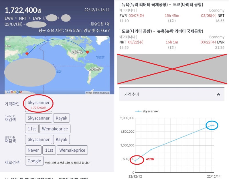 3/7(화) ~ 3/22(수) 뉴욕 - 도쿄 - 뉴욕 에어캐나다 + 제 3의 구간(?/?(?) ?? - ??) 172만원(12/14일 검색), 43만원(12/12일 검색)