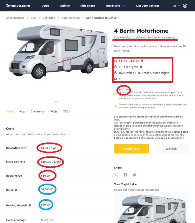 11/5 ~ 11/15 샌프란시스코 - 덴버 4인 용 캠핑카 총 실제 렌탈비용 $207