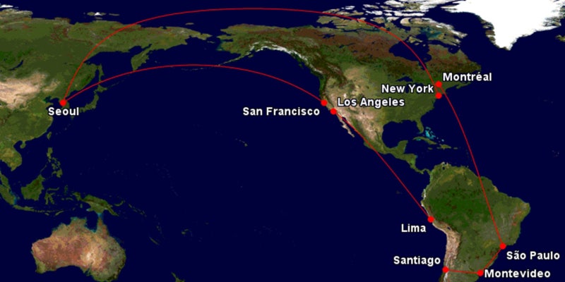 서울 출발, 샌프란시스코 인 LA 아웃 미서부 14일, 리마 인 산티아고 아웃 페루/볼리비아/칠레 34일, 몬테비데오(와 부에노) 8일, 상파울루(를 중심으로 브라질) 10일, 몬트리올 인 뉴욕 아웃 캐나다와 미국 동부 9일 여행 후 서울 도착 125만원 항공권의 여행 경로