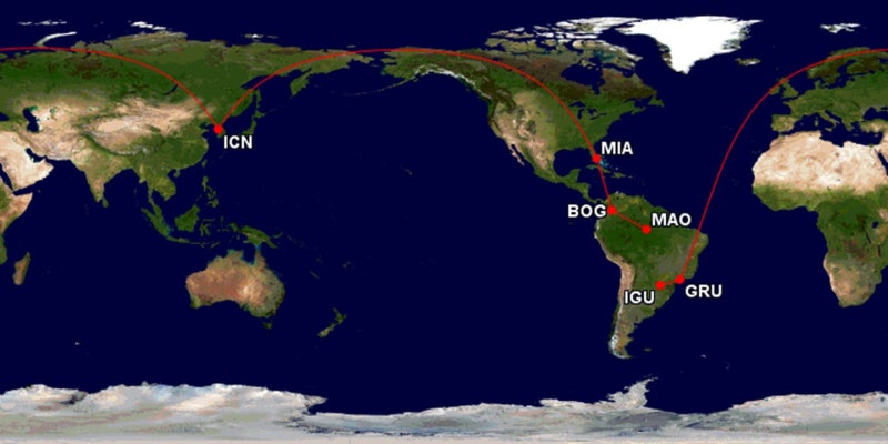 여름 초성수기, 서울 출발/도착, 마이애미 2일 + 보고타 5일 + 마나우스 in 이과수 out 11일 + 상파울루 5일 144만원 항공권의 여행 경로