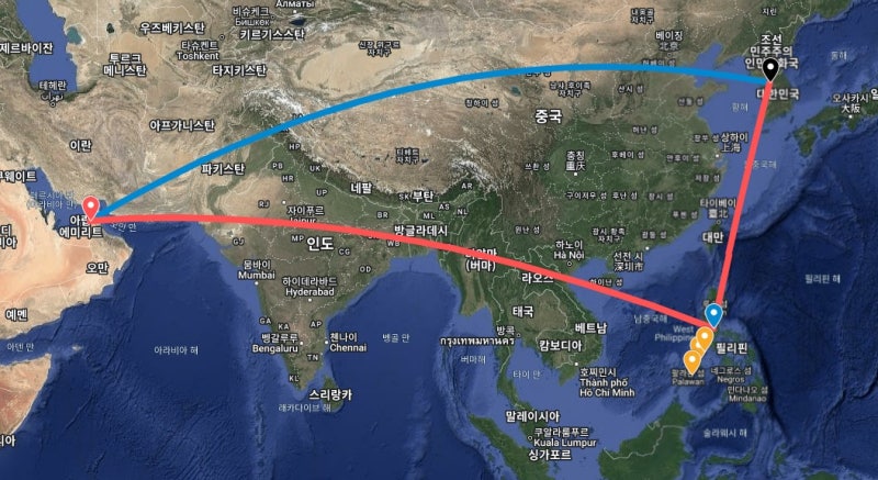 서울 출발/도착, 두바이와 마닐라 여행 다구간 항공권 경로
