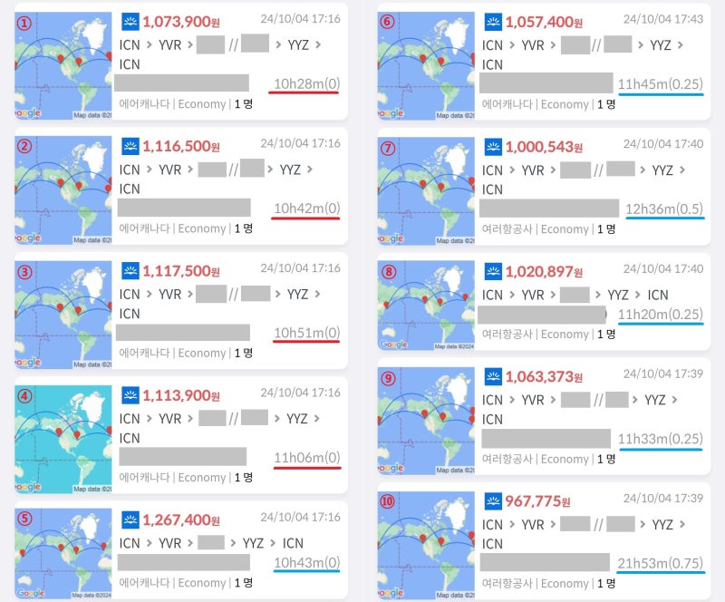 에어캐나다, ①②③④⑤ 모든 여정 직항 항공권, ⑥⑦⑧⑨⑩ 일부 여정 경유 항공권