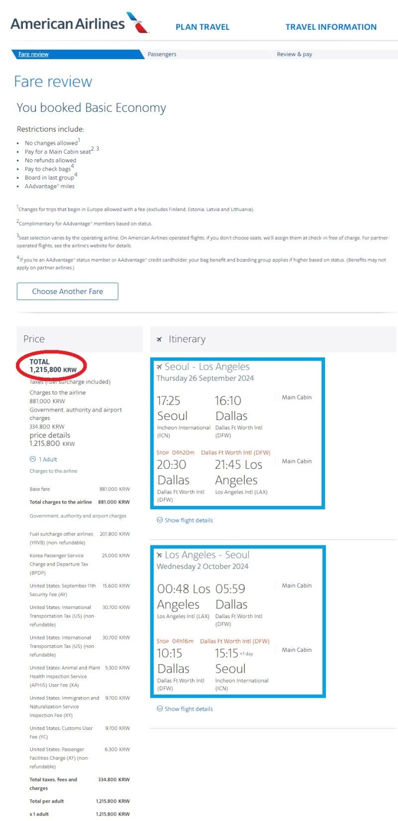 구글에서 제공하는 링크를 타고 간 아메리칸항공 홈페이지에서는, 9/26(목) 서울 - LA, 10/2(수) LA - 서울, 댈러스 1회 경유, 121만원