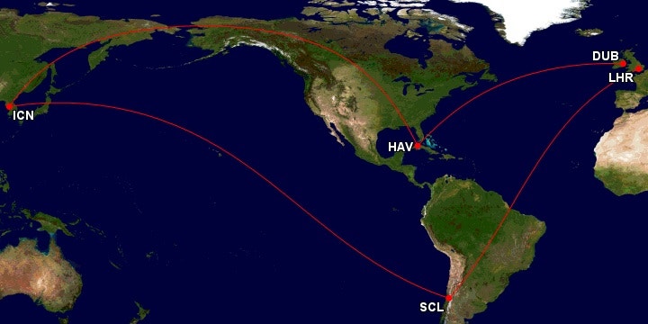 3/28(월) ~ 5/7(토) 서울 - 산티아고 - 런던 // 더블린 - 하바나 - 서울 항공권 여행 경로