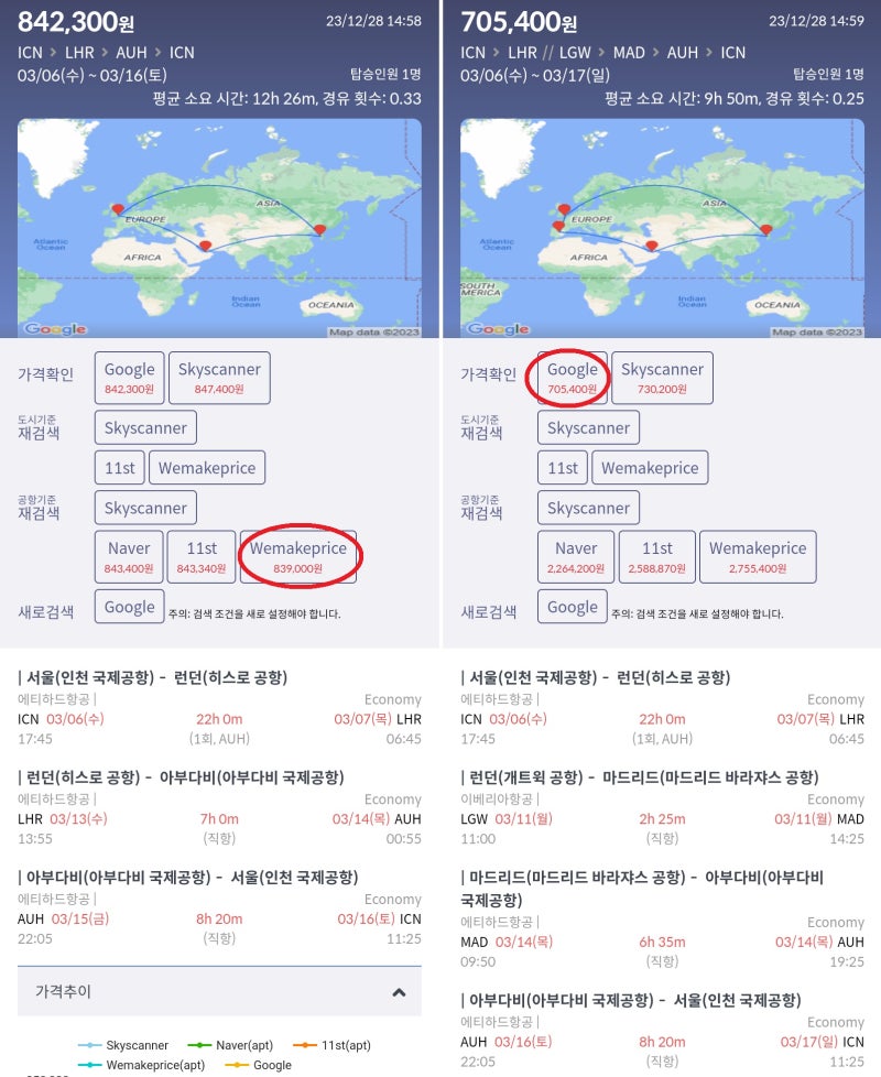 에티하드, 3/6(수) 서울 - 런던, 3/13(수) 런던 - 아부다비, 아부다비 2박 무료, 3/15(금) 아부다비 - 서울 83만원(에티하드 홈페이지 84만원) vs 3/6(수) 서울 - 런던, 3/11(월) 런던 - 마드리드, 3/14(목) 마드리드 - 아부다비, 아부다비 2박 무료, 3/16(토) 아부다비 - 서울 70만원(에티하드 홈페이지 71만원)