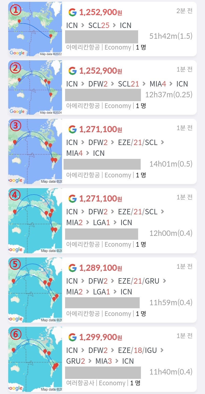 ① 서울 > 산티아고(25일) > 서울 125만원, ② 서울 > 댈러스(2일) > 산티아고(21일) > 마이애미(4일) > 서울 125만원, ③ 서울 > 댈러스(2일) > 부에노스아이레스/(21일)/산티아고 > 마이애미(4일) > 서울 127만원, ④ 서울 > 댈러스(2일) > 부에노스아이레스/(21일)/산티아고 > 마이애미(2일) > 뉴욕(1일) > 서울 127만원, ⑤ 서울 > 댈러스(2일) > 부에노스아이레스/(21일)/상파울루 > 마이애미(2일) > 뉴욕(1일) > 서울 128만원, ⑥ 서울 > 댈러스(2일) > 부에노스아이레스/(18일)/이과수 > 상파울루(2일) > 마이애미(3일) > 서울 129만원