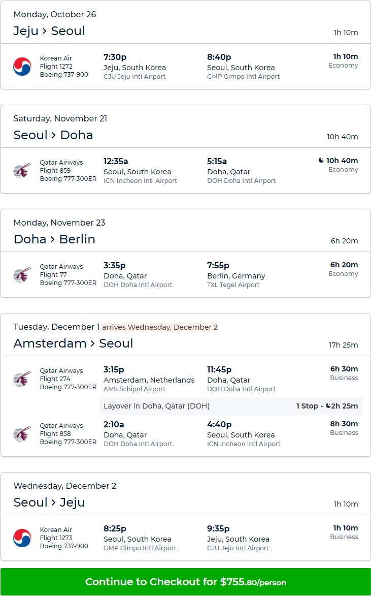 카타르항공 이코노미&비즈니스 하이브리드 항공권, 미리 다녀오는 제주-서울, 11/21(토) 출발 서울-도하(2박)-베를린//암스테르담-(서울)-제주 USD755, 90만원