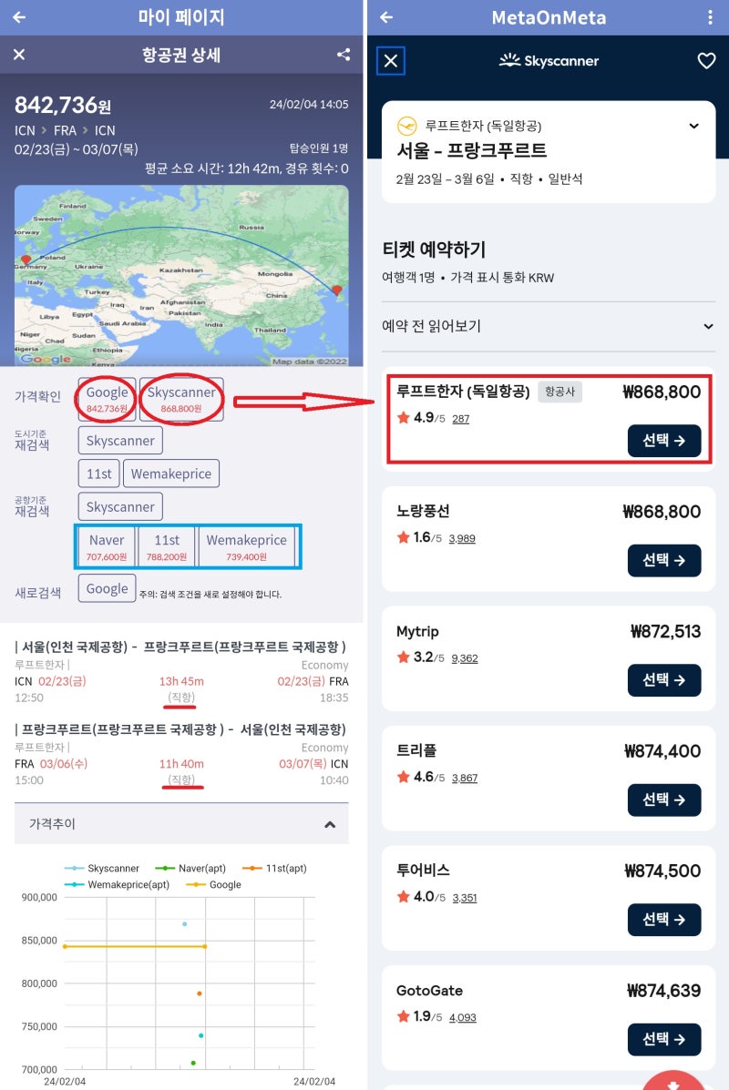 루프트한자 2/23(금) ~ 3/7(목) 서울 출발 프랑크푸르트 직항 왕복 84만원(항공사 홈페이지 86만원)