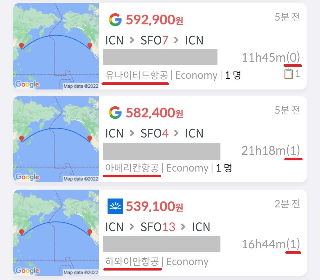 유나이티드항공, 서울 - 샌프란시스코 직항 왕복, 59만원(항공사 홈페이지 구입가), 52만원(네이버 카드할인 최저가) 아메리칸항공, 서울 - 샌프란시스코 왕복(댈러스 1회 경유), 58만원(항공사 홈페이지 구입가), 52만원(네이버 카드할인 최저가) 하와이안항공, 서울 - 샌프란시스코 왕복(시애틀 1회 경유), 53만원(스카이스캐너), 51만원(네이버 카드할인 최저가)