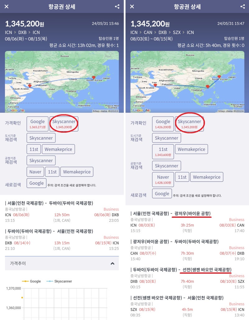 남방항공 비즈니스, 서울 출발 두바이 왕복 134만원, 서울 - 광저우 - 두바이 - 선전 - 서울 134만원