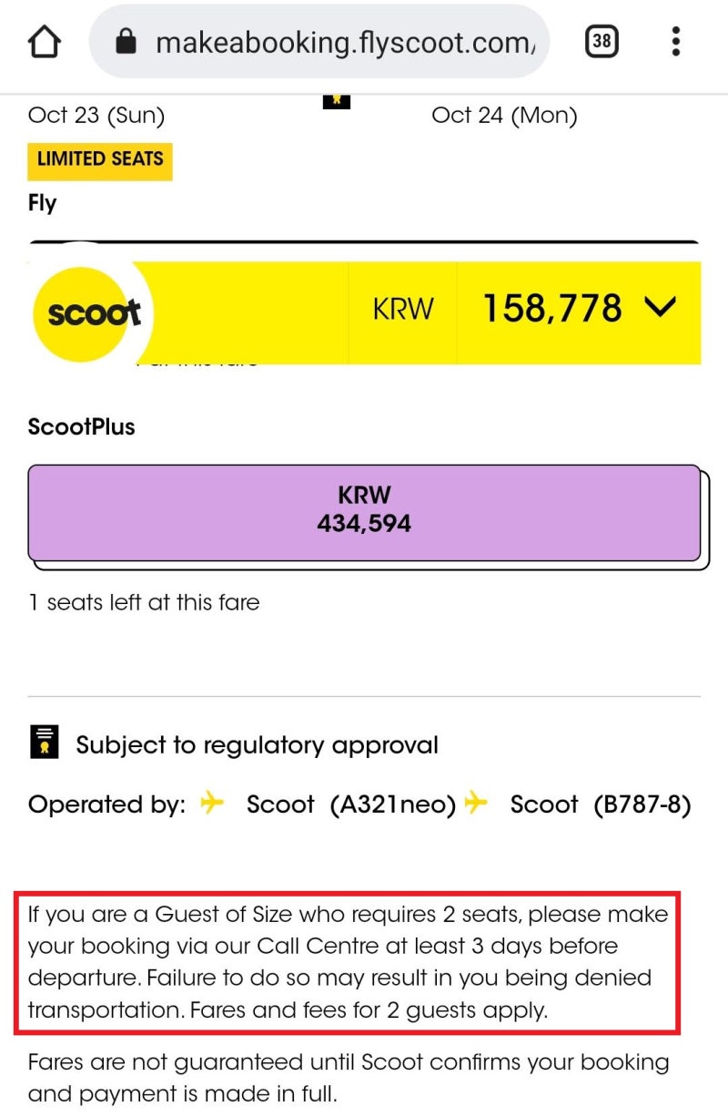 좌석이 두 개 필요한 경우 두 명 분의 요금을 지불해야 한다는 안내 문구 - 스쿠트항공