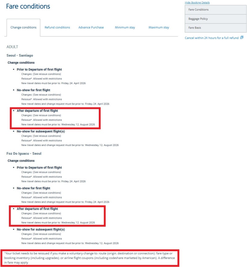 아메리칸항공(일부 구간 타 항공사 탑승) 8월 12일 출발 2월 귀국 서울 - 인디애나폴리스(장기 체류) - 산티아고 // 이과수 - 상파울루 - 댈러스 - 서울 131만원 항공권의 변경 규정 - 아메리칸항공 홈페이지