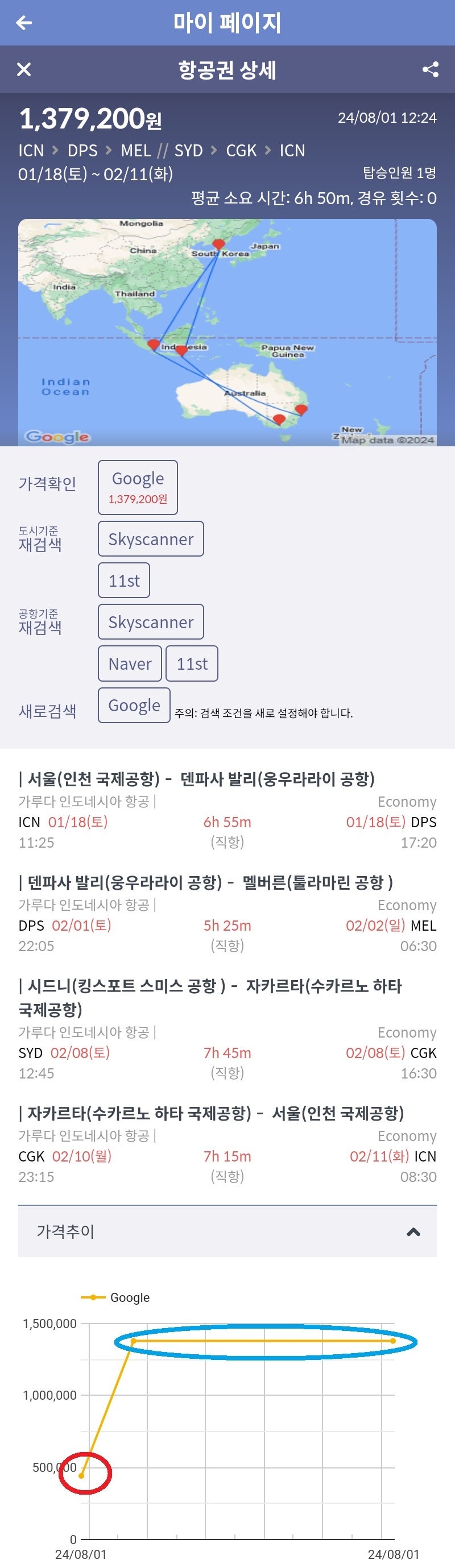 가루다항공 설 연휴 끼고, 발리 + 멜버른 인 시드니 아웃 + 자카르타 여행 항공권 442,100원 => 1,379,200원