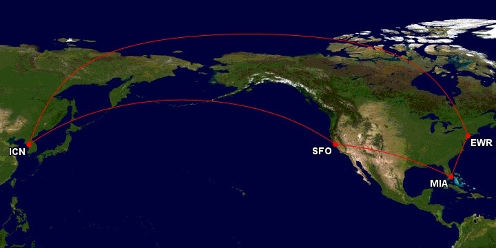서울 - 샌프란시스코 - 마이애미 - 뉴욕 - 서울 여행 경로