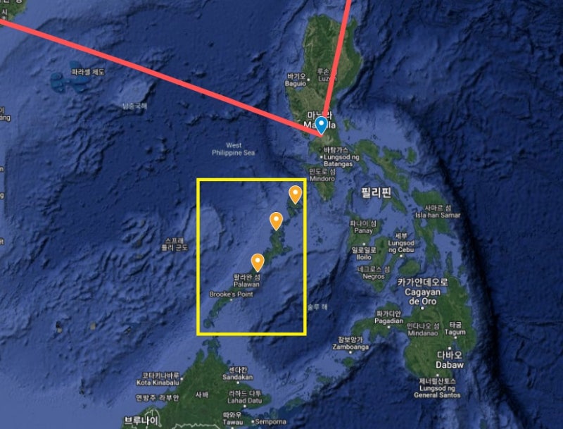 필리핀 팔라완주, 오렌지색 핀은 왼쪽 아래부터 순서대로 푸에르토 프린세사, 엘니도, 코론