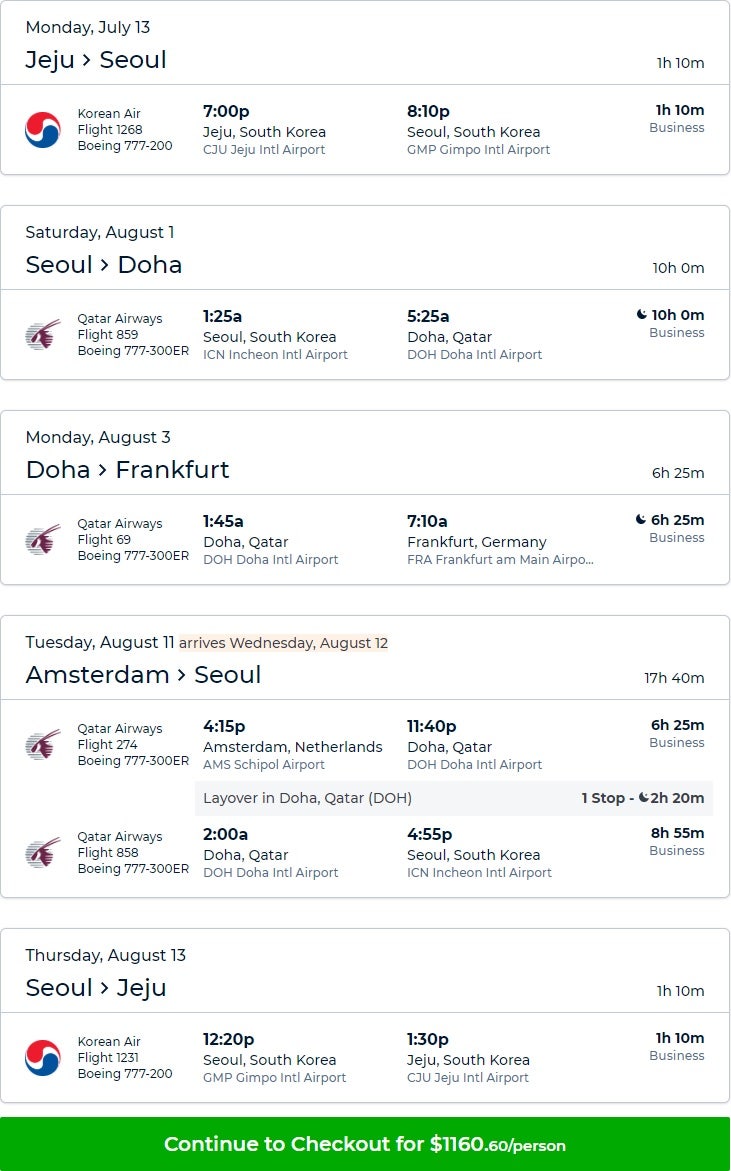 카타르항공 전구간 비즈니스, 미리 다녀오는 제주-서울, 8/1(토) 출발 서울-도하(1박)-프랑크푸르트//암스테르담-(서울)-제주 USD1160, 137만원