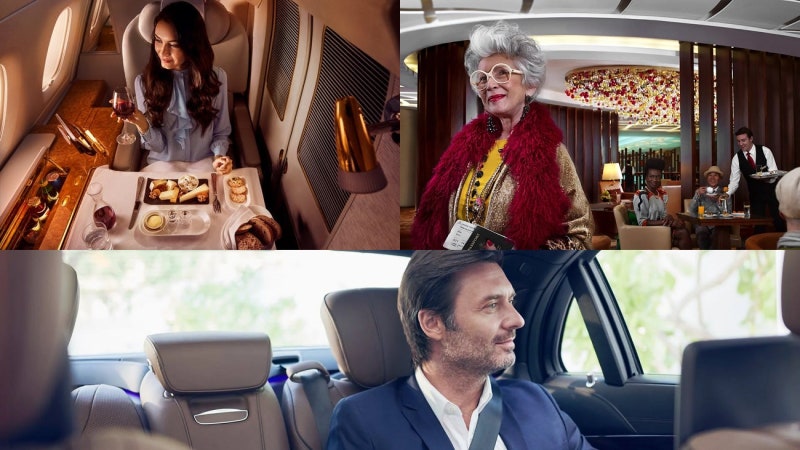 좌상단으로부터 시계방향으로 기내에서 즐기는 고급 와인, 퍼스트 클래스 라운지, 전용 운전기사 서비스