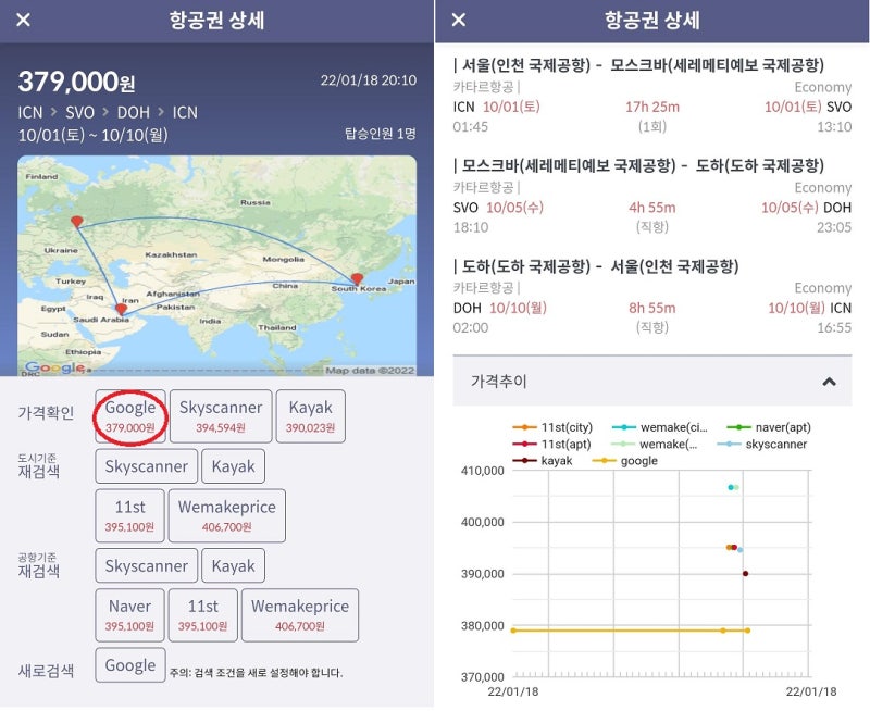 10/1(토) ~ 10/10(월) 서울 - 모스크바(4박) - 도하(카타르 스탑오버 4박) - 서울 37만원