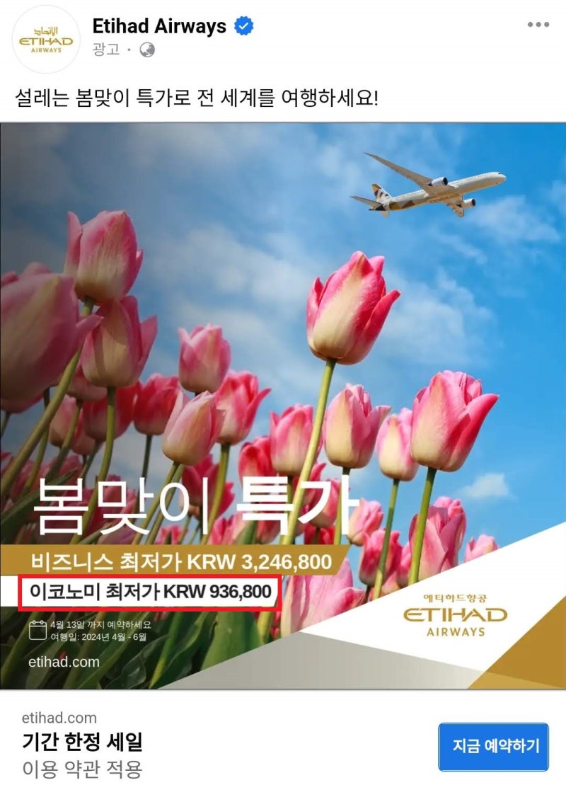 에티하드의 봄맞이 특가(이코노미 항공권 최저가 93만원) 광고