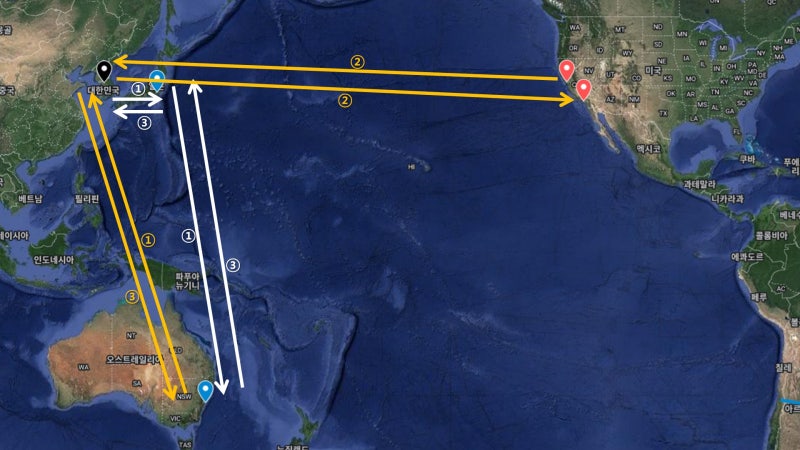 두 장의 항공권으로 할 수 있는 여행: ① 5월 말 ~ 6월 초 도쿄와 시드니 여행, ② 추석 연휴 로스앤젤레스 인 샌프란시스코 아웃의 캘리포니아 여행, ③ 11월 시드니와 도쿄 여행