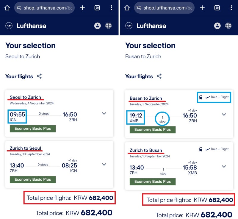 루프트한자 홈페이지 스위스항공 서울 출발 취리히 직항 왕복 68만원 vs 스위스항공 부산 출발 취리히 왕복 KTX+AREX+항공 직항 왕복 68만원