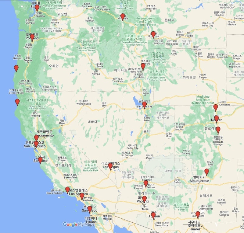 필자의 2009년 여름 미국 서부 일주 여행의 호텔 위치
