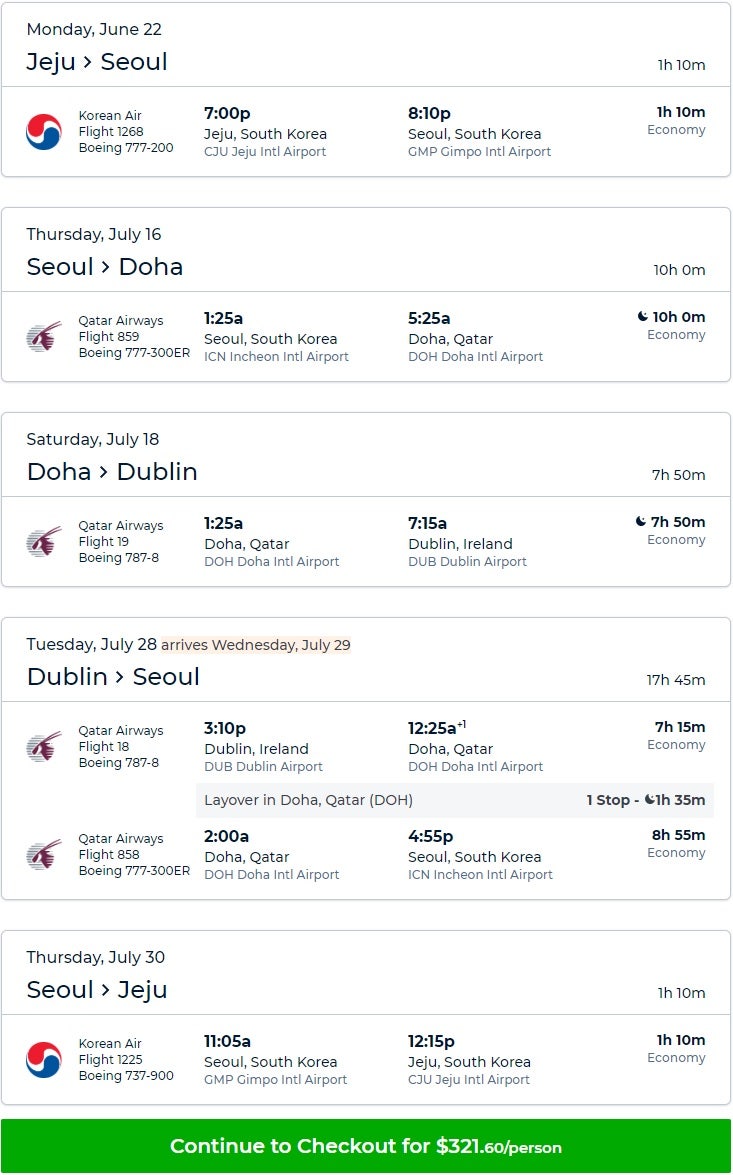 카타르항공 미리 다녀오는 제주-서울, 7/16(목) 출발 서울-도하(1박)-더블린-(서울)-제주 USD321, 38만원