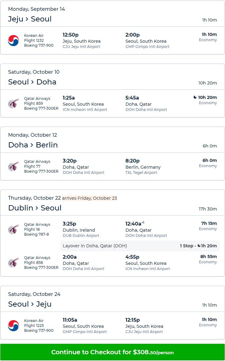 카타르항공 미리 다녀오는 제주-서울, 10/10(토) 출발 서울-도하(2박)-베를린//더블린-(서울)-제주 USD308, 36만원