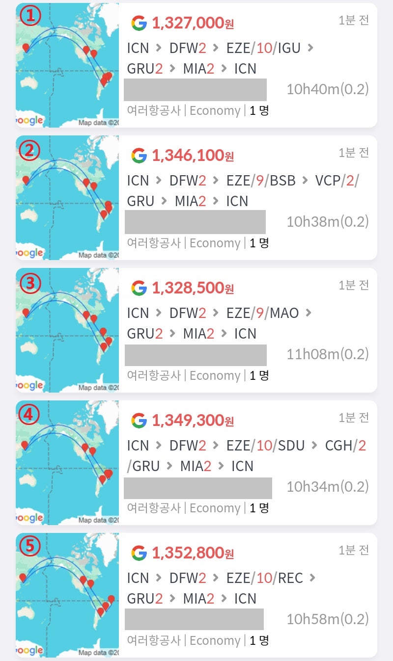 아메리칸항공(브라질 국내선은 GOL항공), 서울 출발, 댈러스 2일, 부에노스아이레스 인 이과수(① 132만원)/브라질리아(② 134만원)/마나우스(③ 132만원)/리우데자네이루(④ 134만원)/레시페(⑤ 135만원) 아웃 10일(또는 9일), 상파울루 2일, 마이애미 2일 여행 후 서울 도착