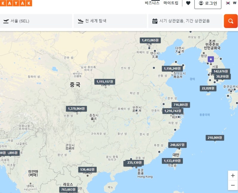 서울 출발 시기/기간 상관없이 왕복 항공권 최저가 지도 - 카약 둘러보기