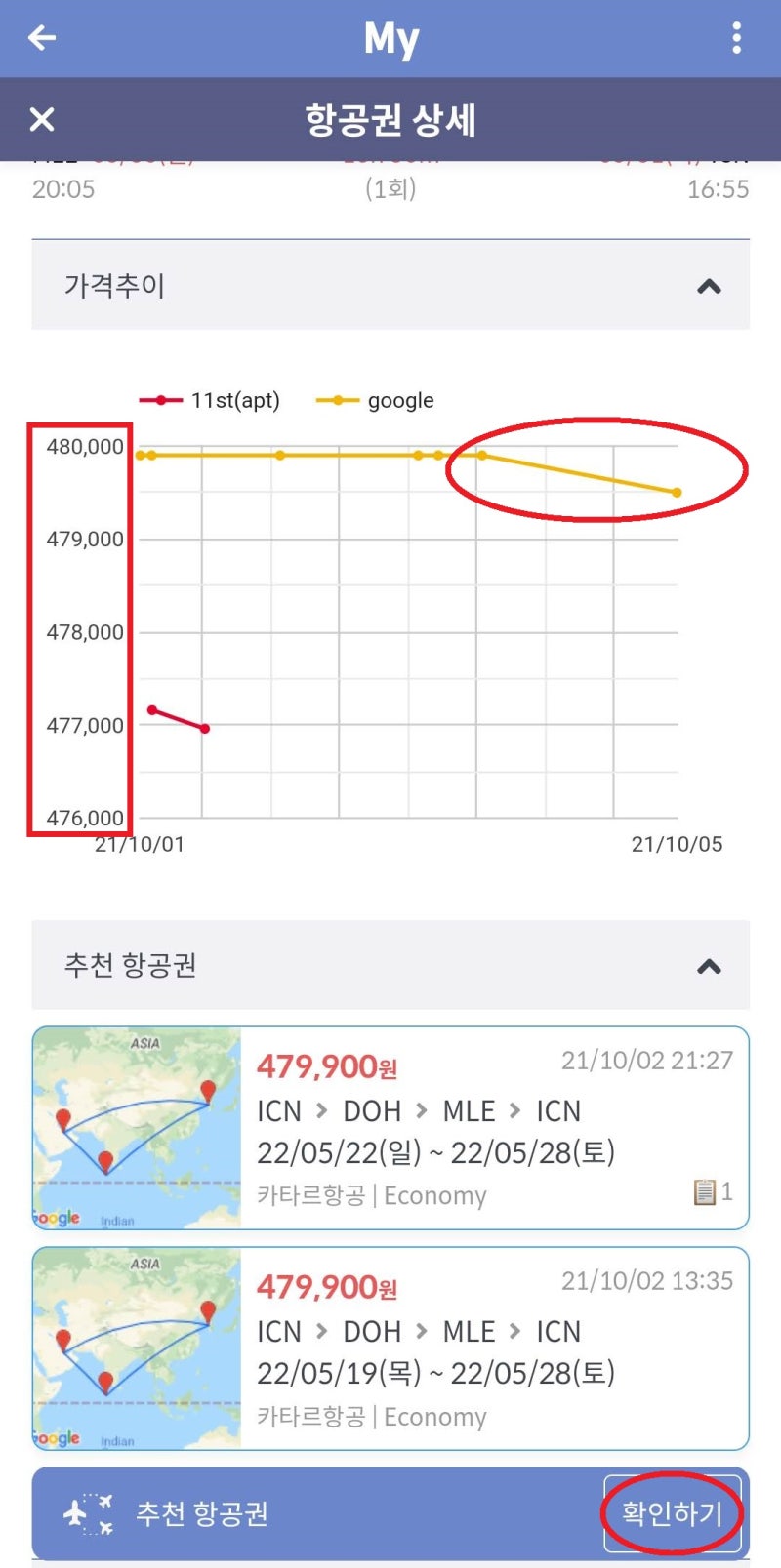 항공권 상세의 가격 추이 그래프와 추천 항공권 '확인하기' 버튼
