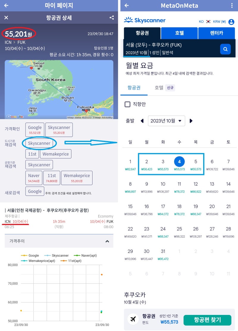 10/4(수) 서울 - 후쿠오카 편도 5만원 - 출발이 임박한 10월 초 출발로 5만원 대 항공권을 쉽게 볼 수 있다.